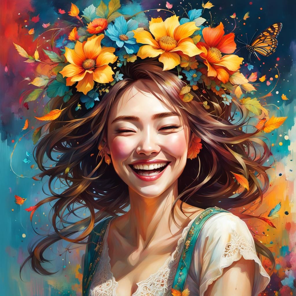 Laughing Girl with Vibrant Background in Art Brut Style