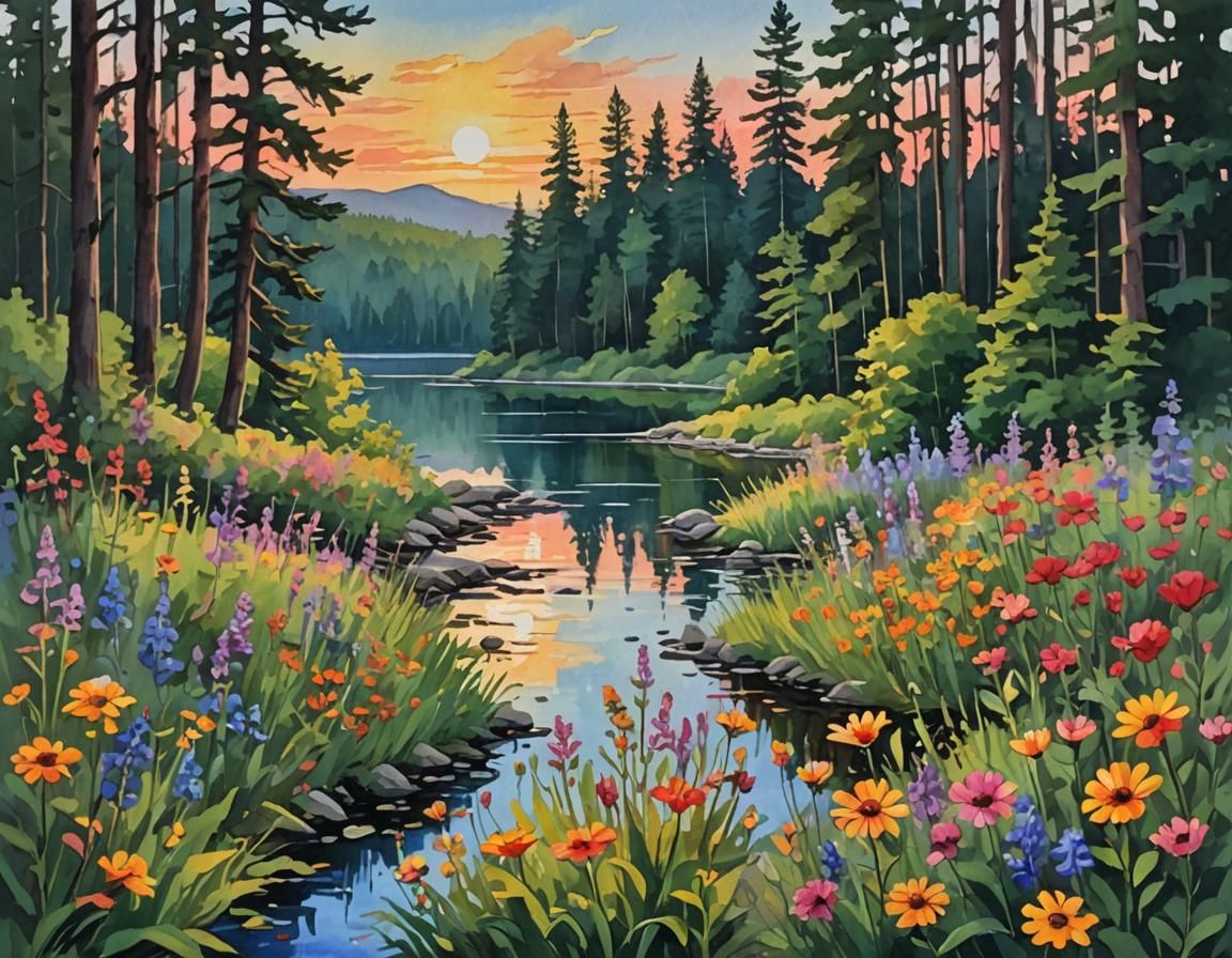 Sunset Forest Lake in Impressionist Gouache Style