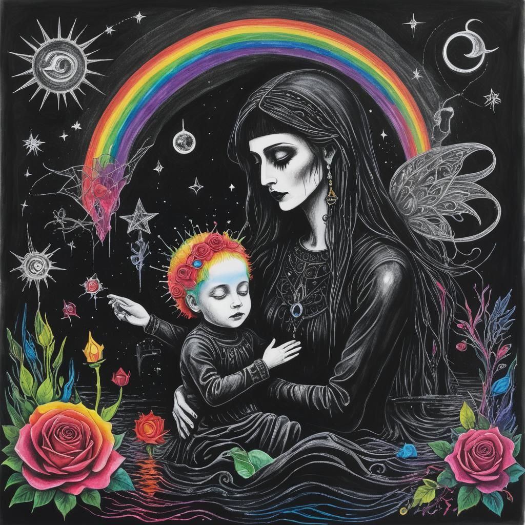 Surreal Crayon Drawing: Goth Mother and Child