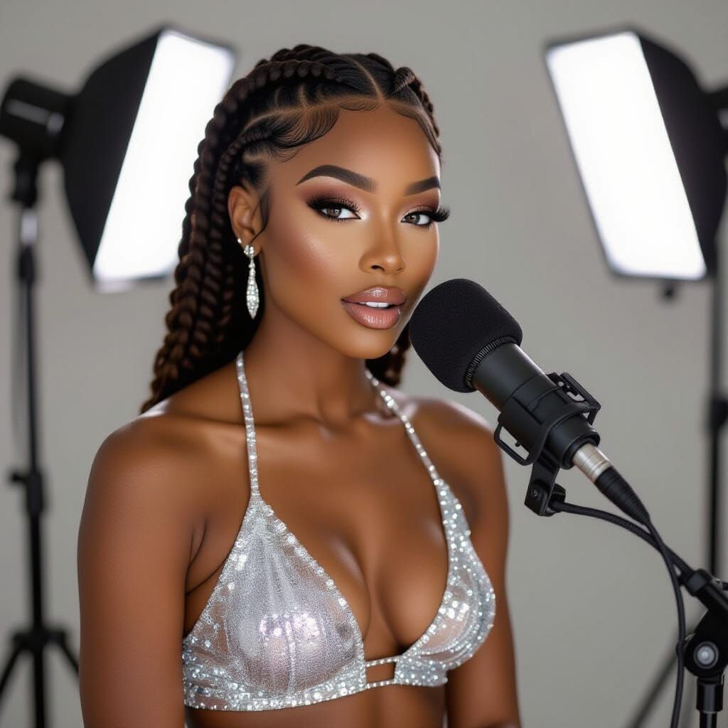 Elegant Black Woman Speaking into Microphone