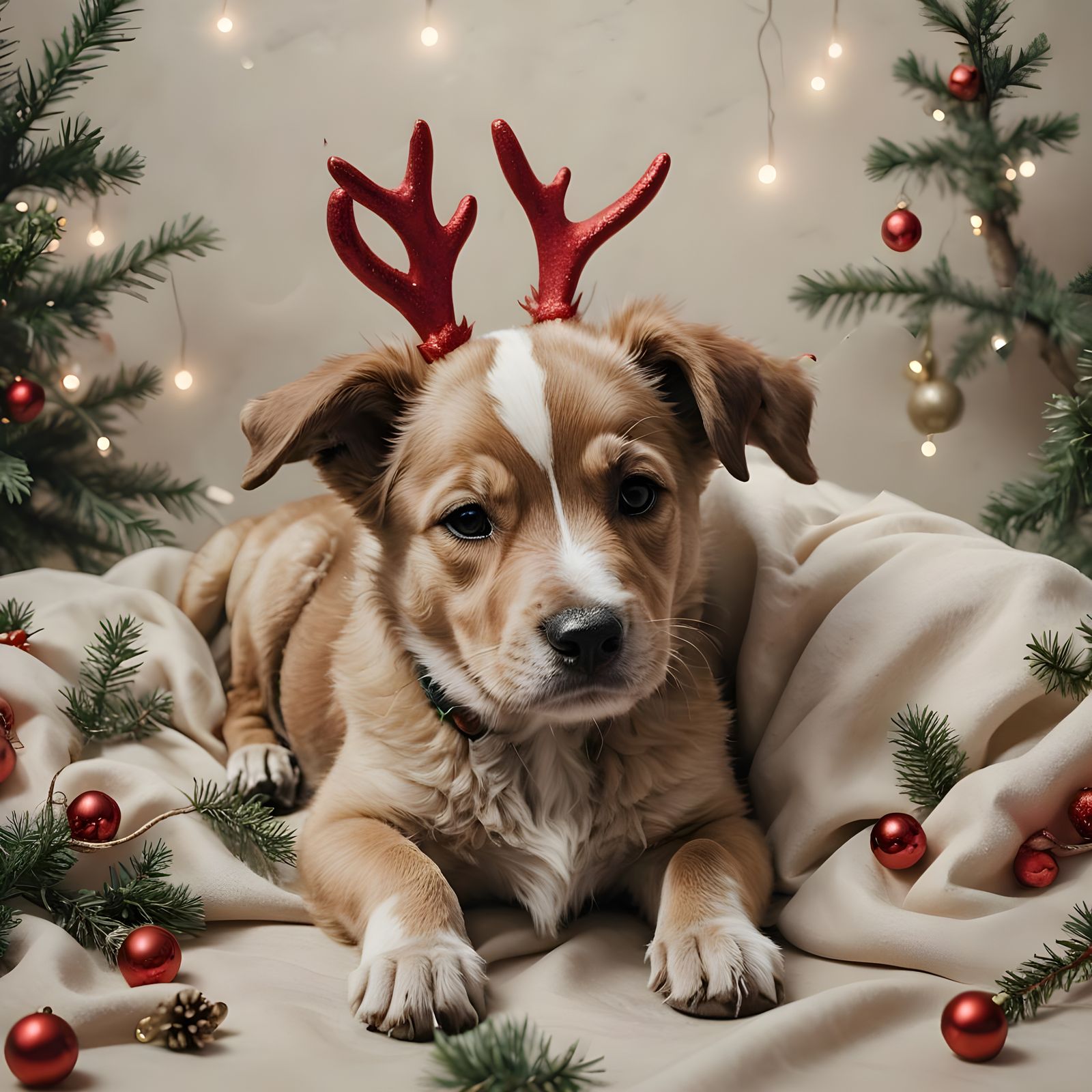 Puppies Napping in Christmas Hats: Detailed Matte Painting