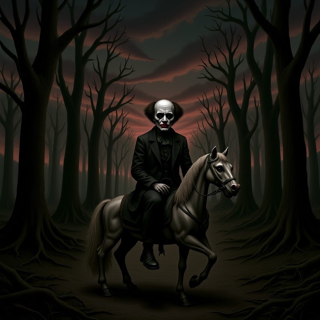 Melancholic Clown on Abandoned Carousel Horse