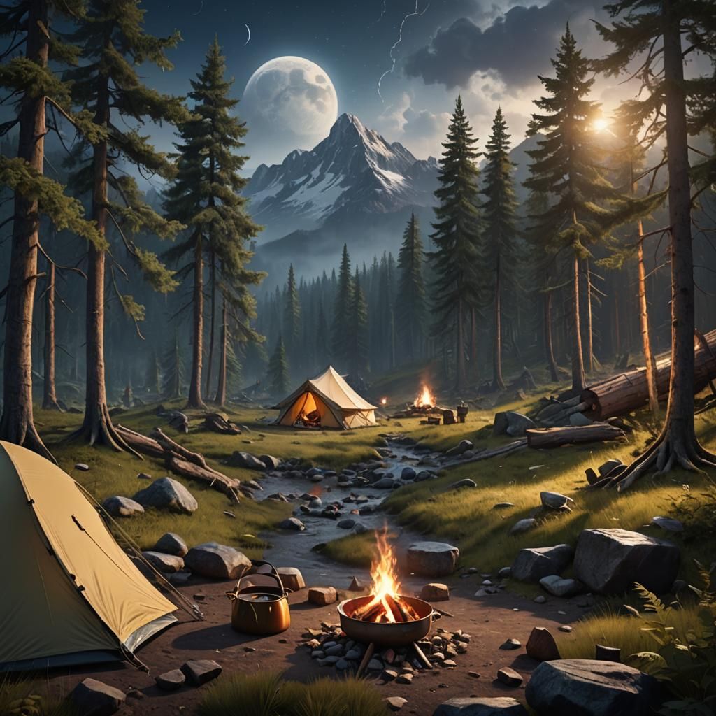 Mountain Camping Under Moonlight: Fantasy Concept Art