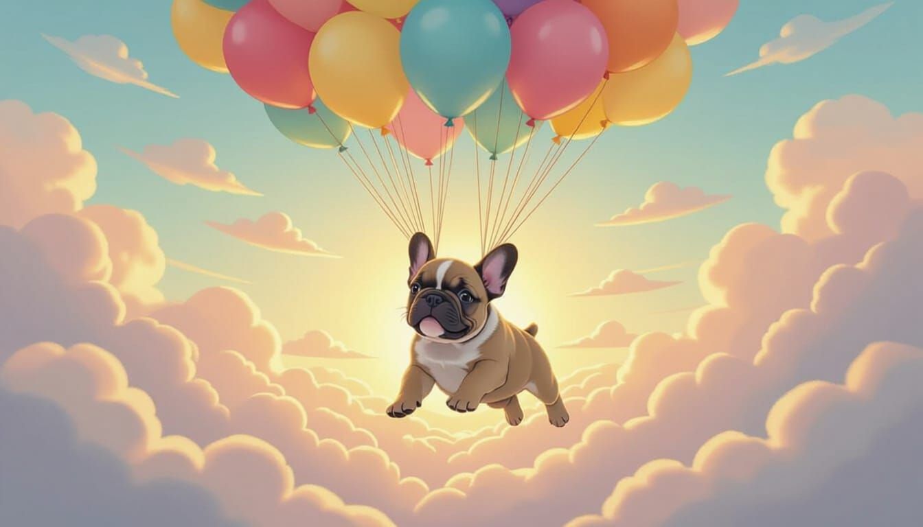 French Bulldog Puppy Floats on Balloons Through Clouds