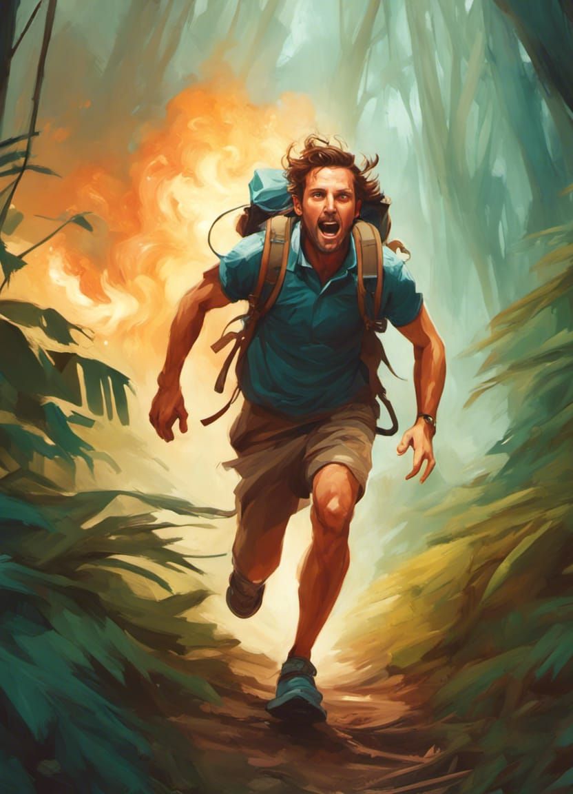 Terrified Hiker Runs from Explosion: Illustration
