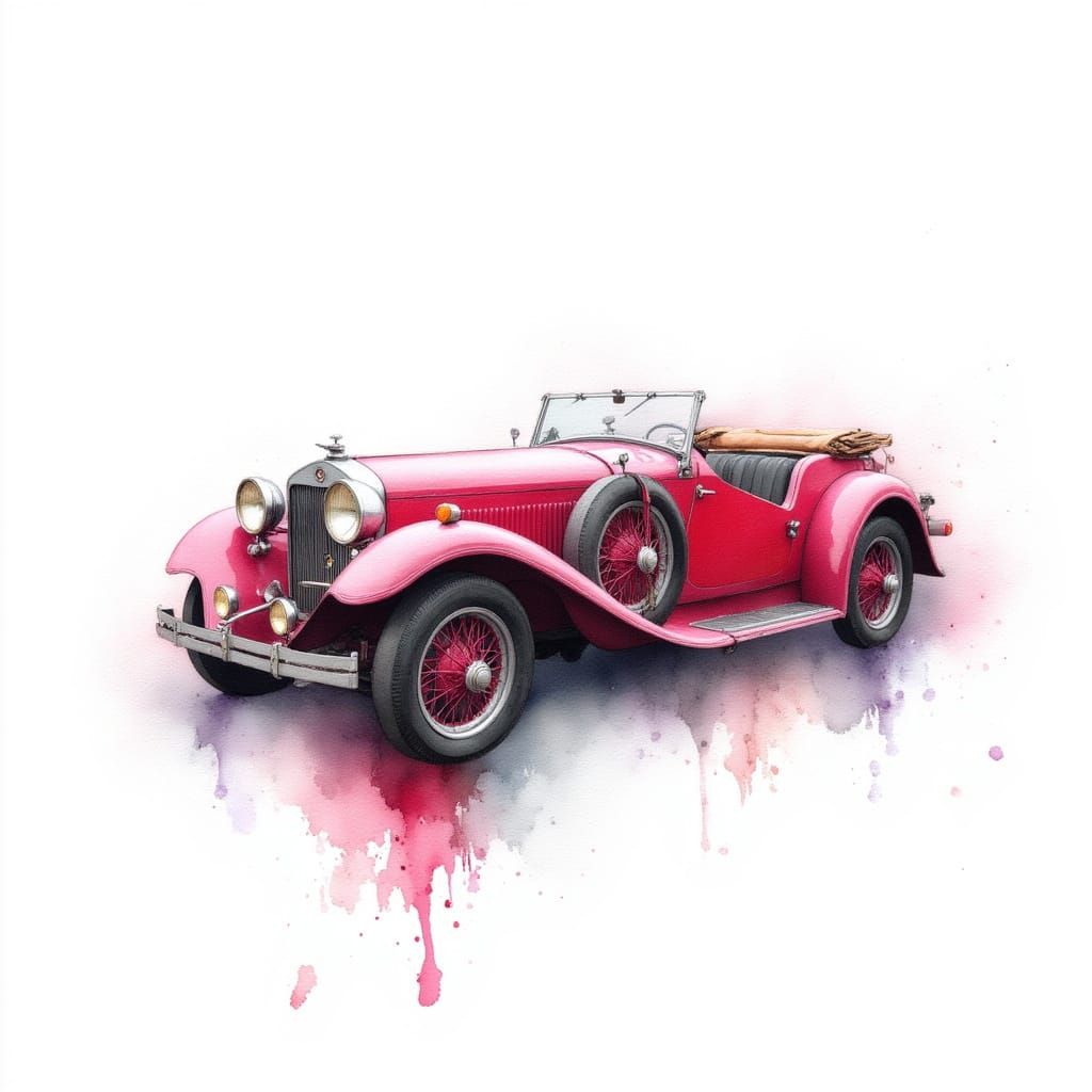 Vintage Car Watercolor Painting in Red and Black Ink