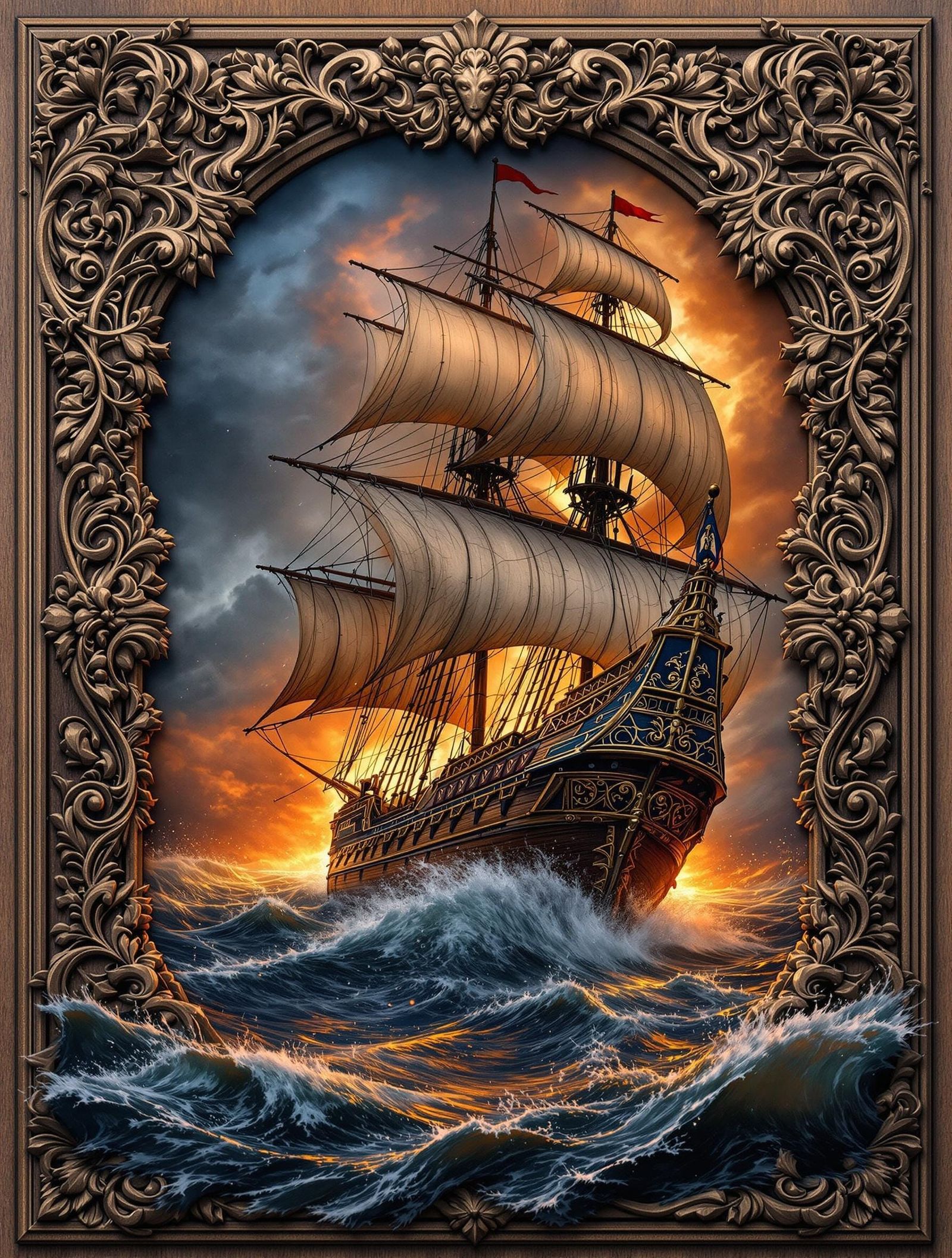 Vibrant Corsair Ship in Stormy Seas, Intricately Carved and ...