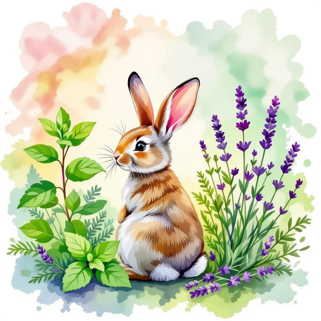 Whimsical Rabbit in Watercolor Garden Setting