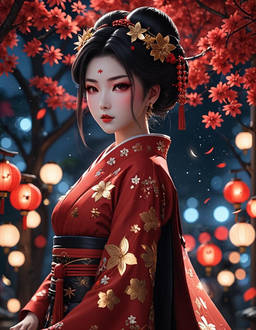 Red Geisha with Moon and Stars Bokeh in 3D Anime Art