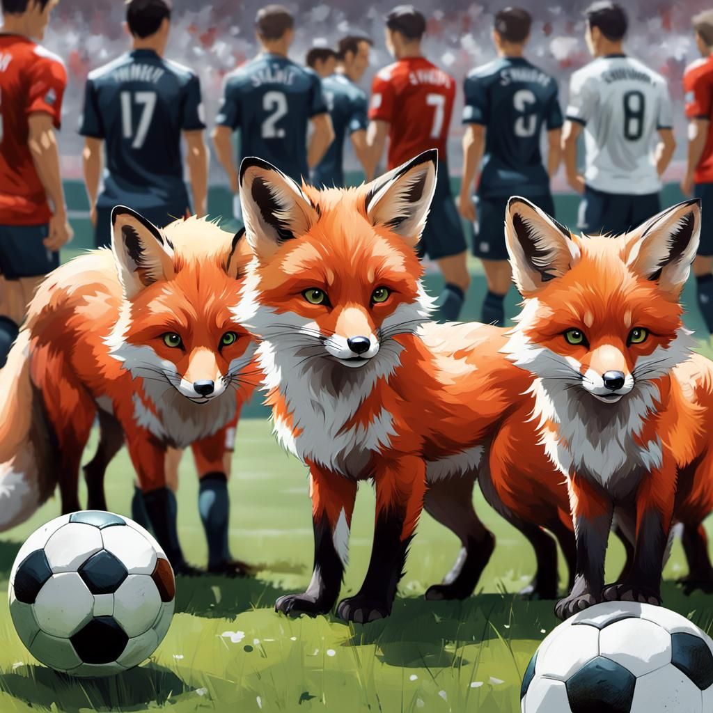 Whimsical Red Fox Pup Plays Soccer, Detailed Digital Art