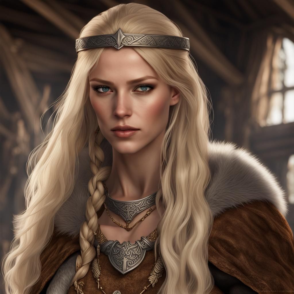 Beautiful Viking Woman in Armor with Fur Cloak