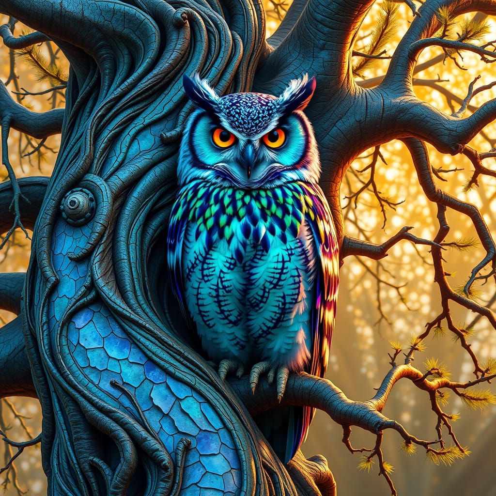 Majestic Jewel-Toned Owl Blends into Cottonwood Tree