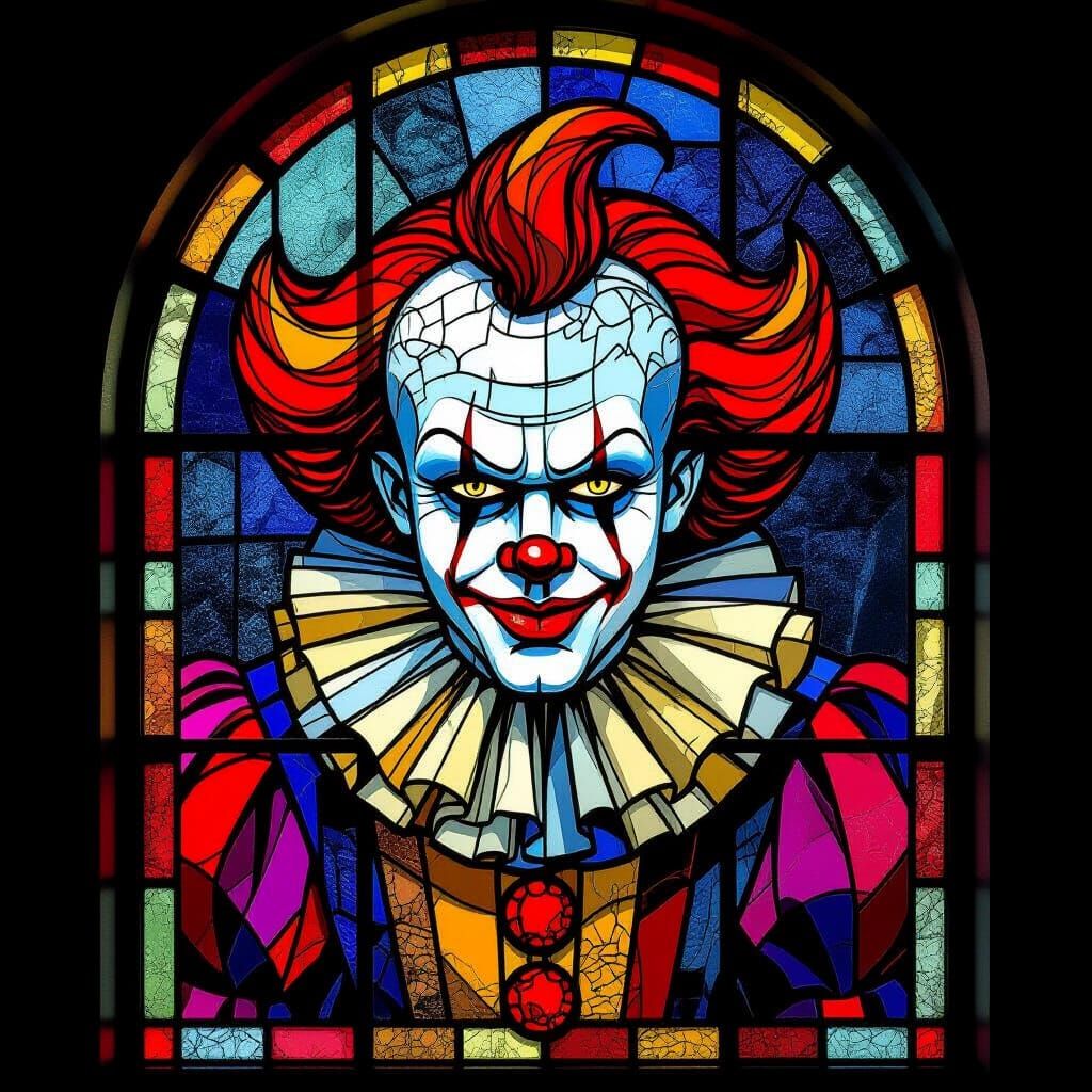 Scary Clown Stained Glass Window in Chagall Style