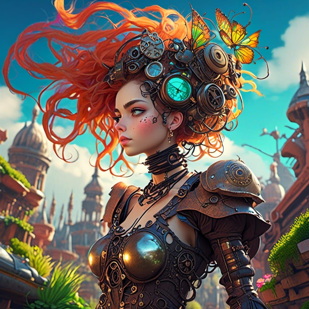 Steampunk Woman on Rooftop Garden in Fairycore Style