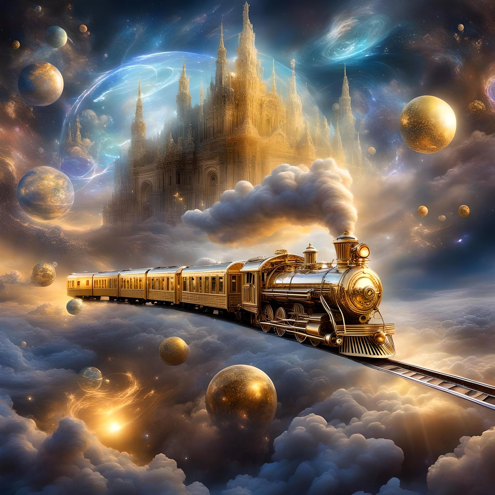 Ethereal Golden Train Dreamscape in the Sky