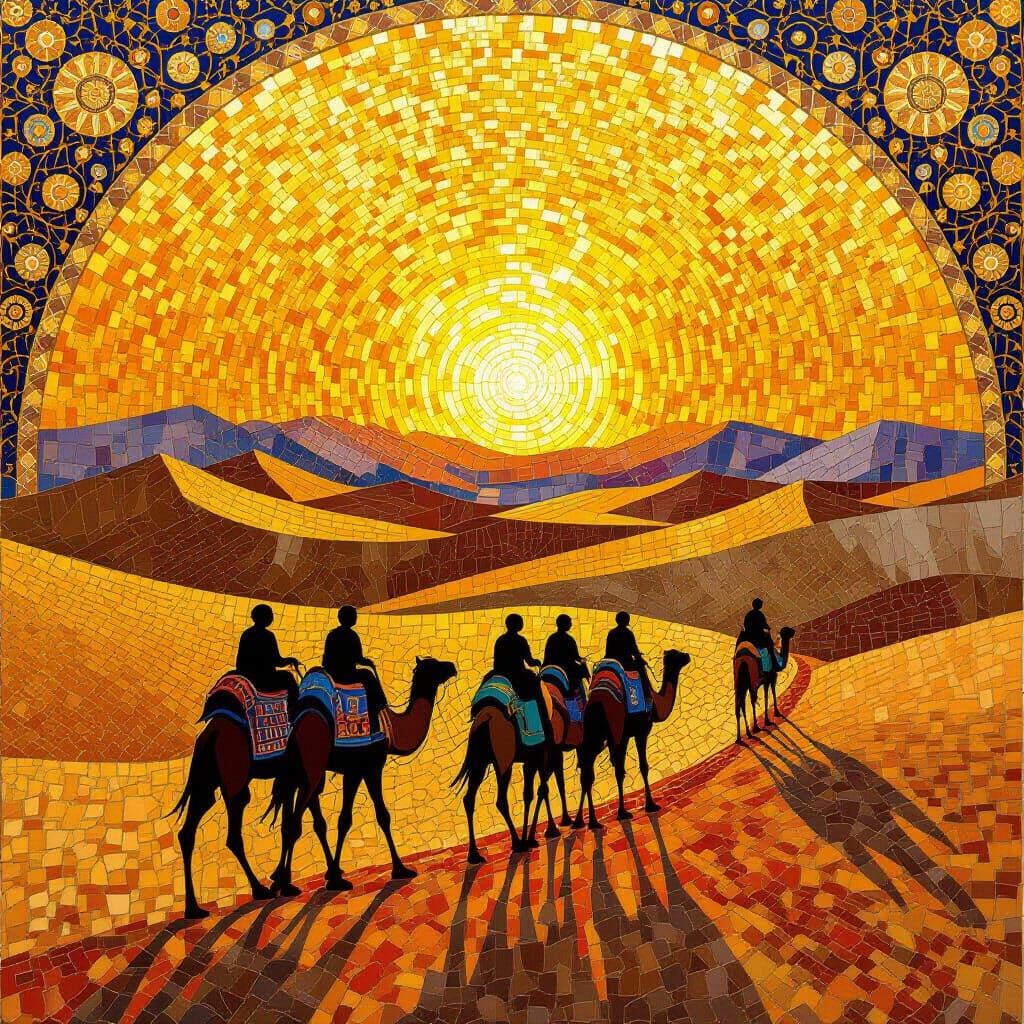 Mosaic Desert Scene with Camels and Sunset