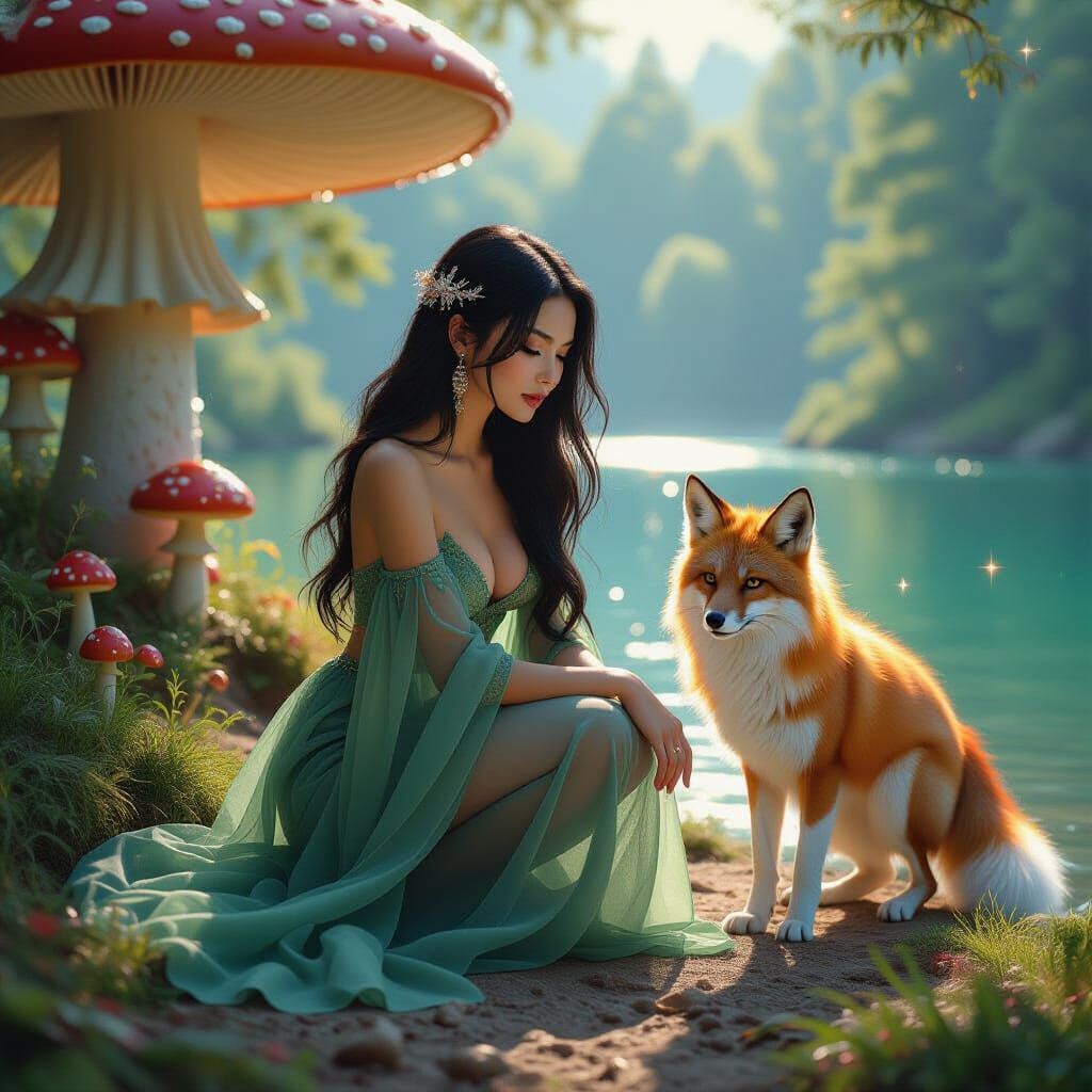 Elegant Woman with Kitsune in Mystical Forest