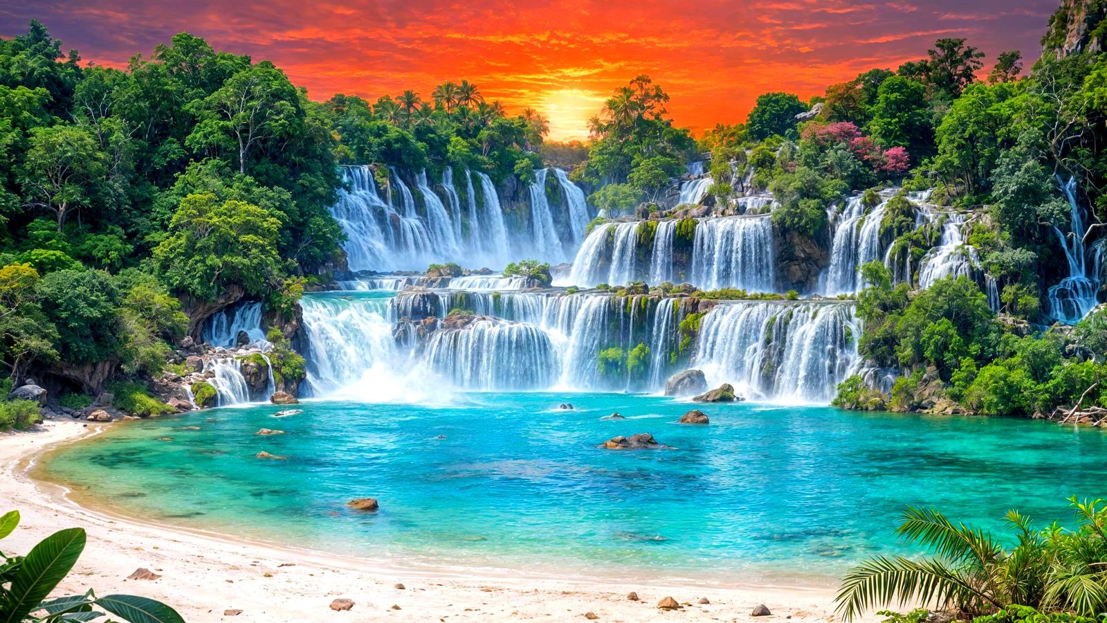 Surreal Waterfall Lake with Red Sunset Fantasy Realism