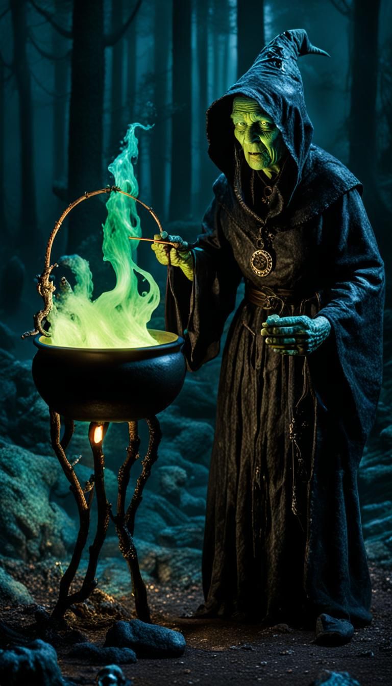 Grotesque witch with cauldron Bioluminescent creatures Biolu...