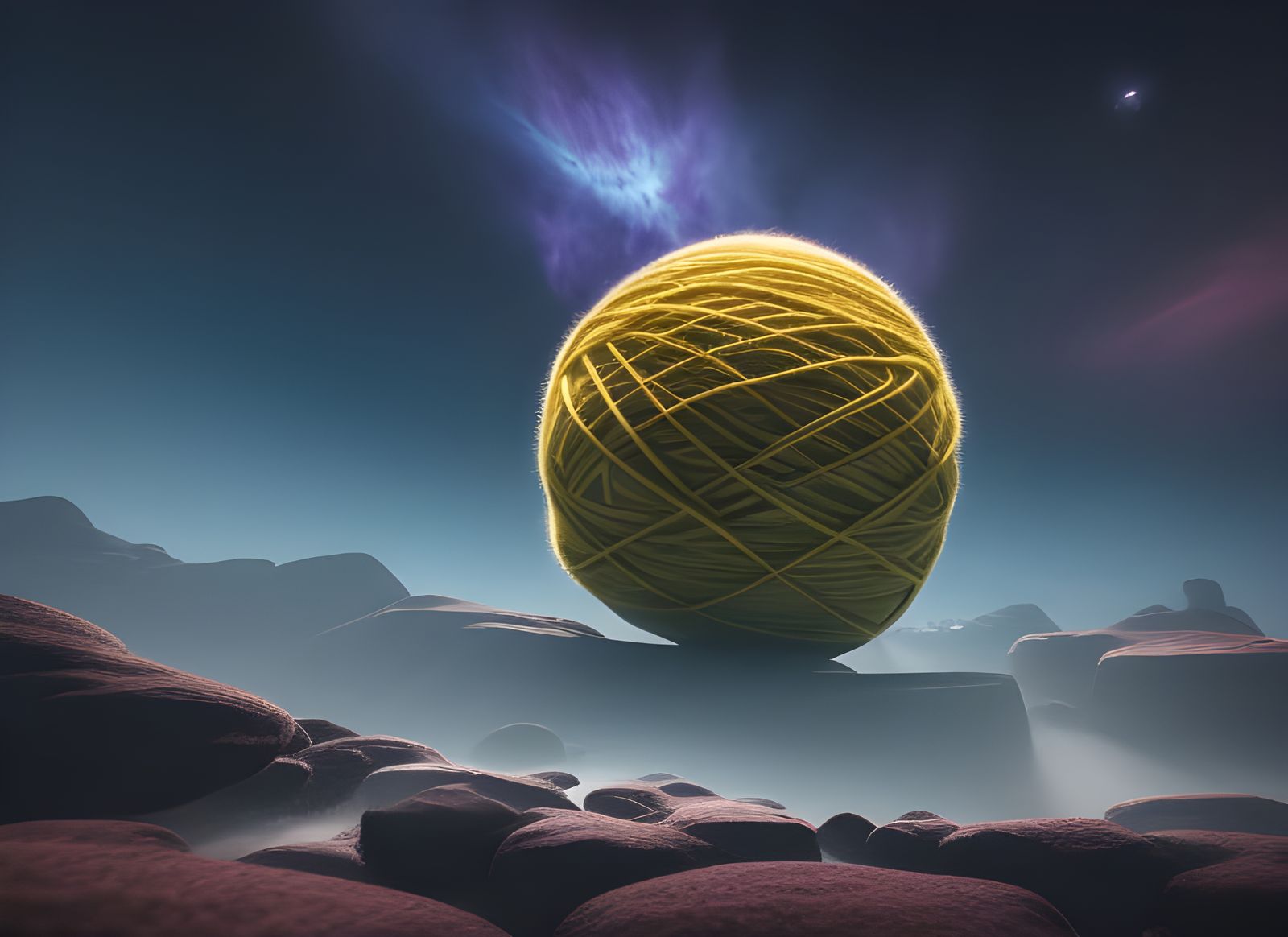 Surreal Bioluminescent Yarn Ball Floating in Space