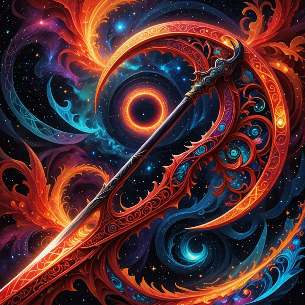 Surreal Cosmic Scythe in Radiant, Holographic Glow