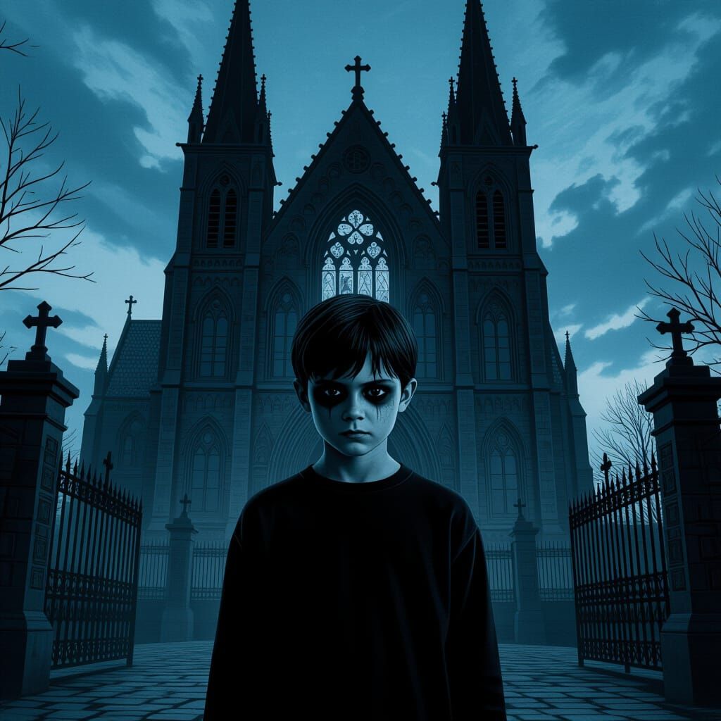 Creepy Boy Before Gothic Church Dusk Book Cover