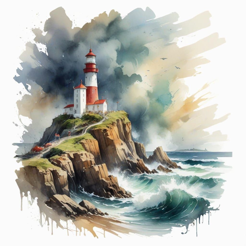 Stormy Coast Landscape in Vibrant Watercolour Style