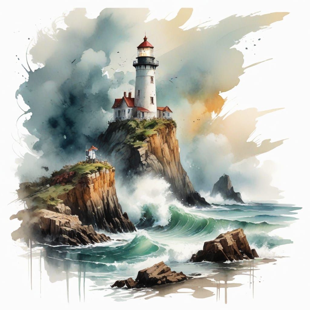 Majestic Stormy Coast in Ethereal Watercolour Style