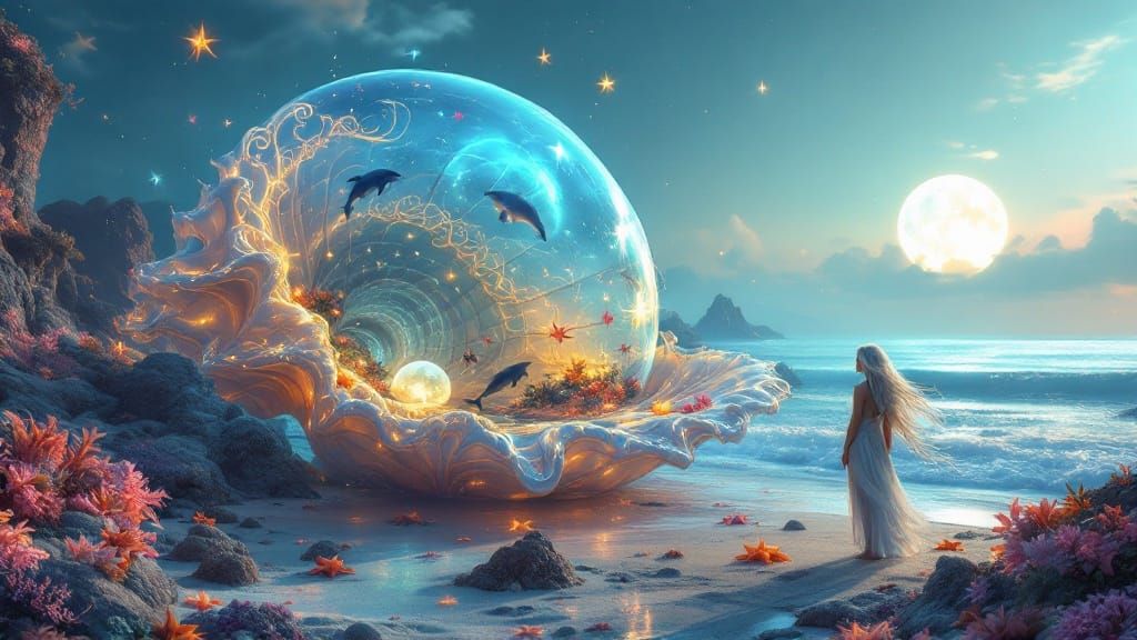 Enchanted Beachscape with Glowing Conch Shell and Magical Mo...