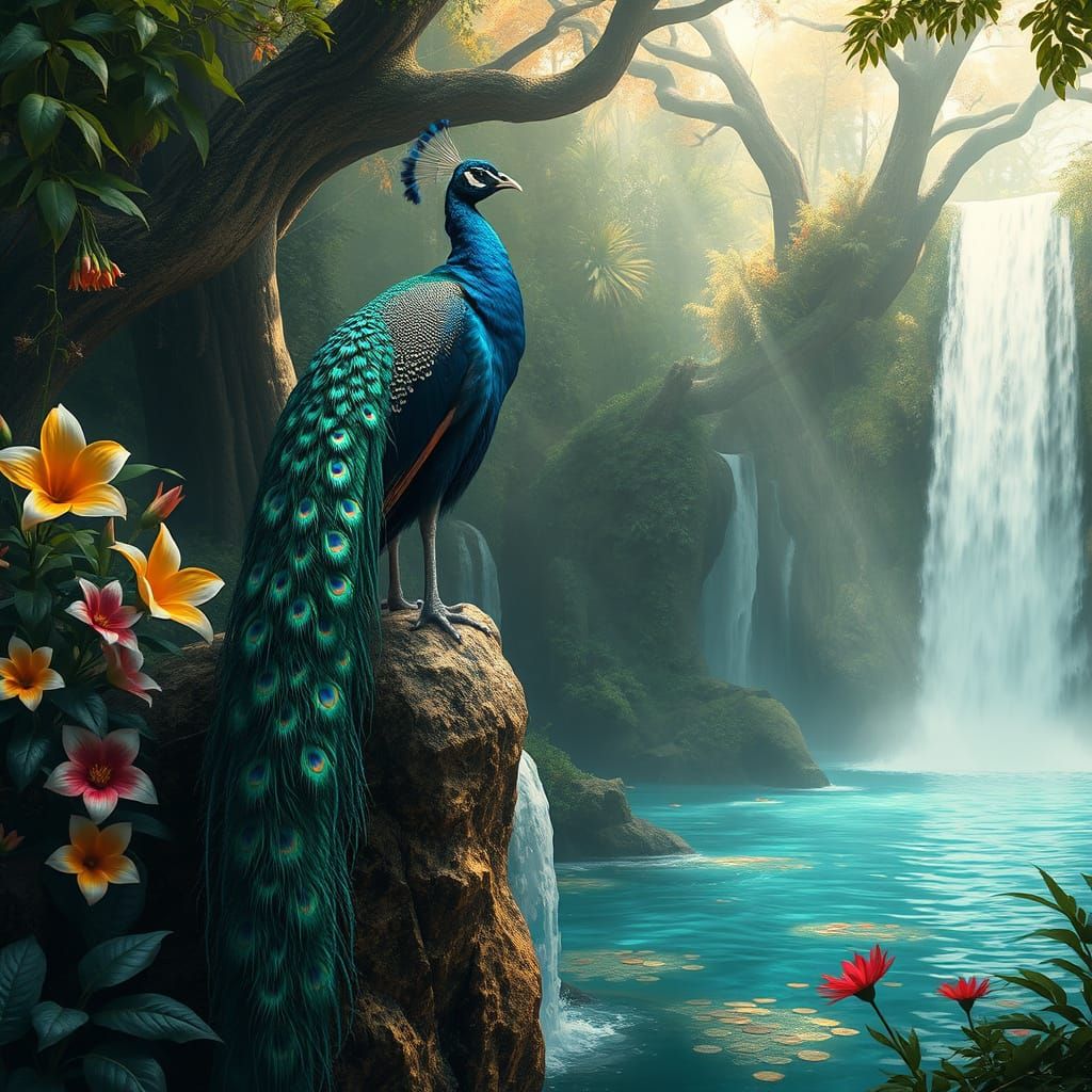 Peacock Paradise: Art Nouveau Waterfall Scene