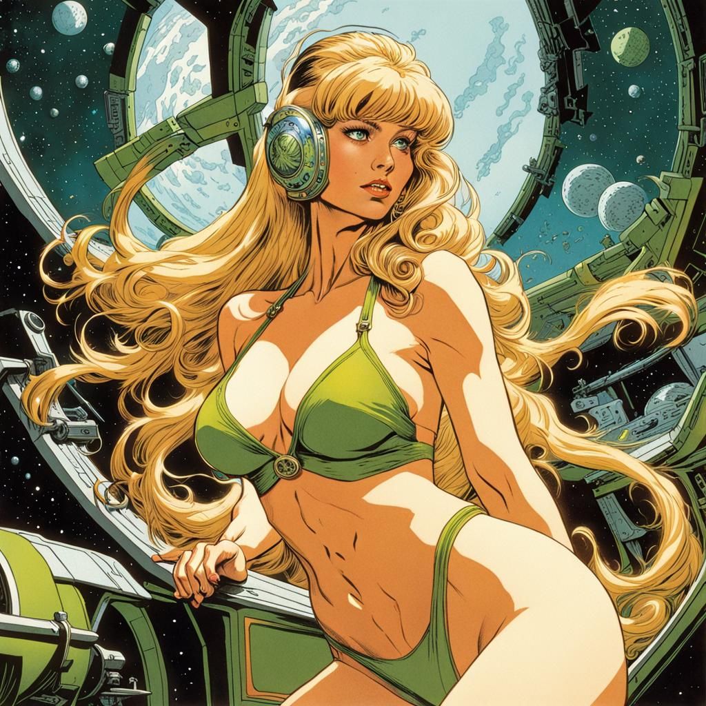 Barbarella in Spaceship, French Comic Art Style