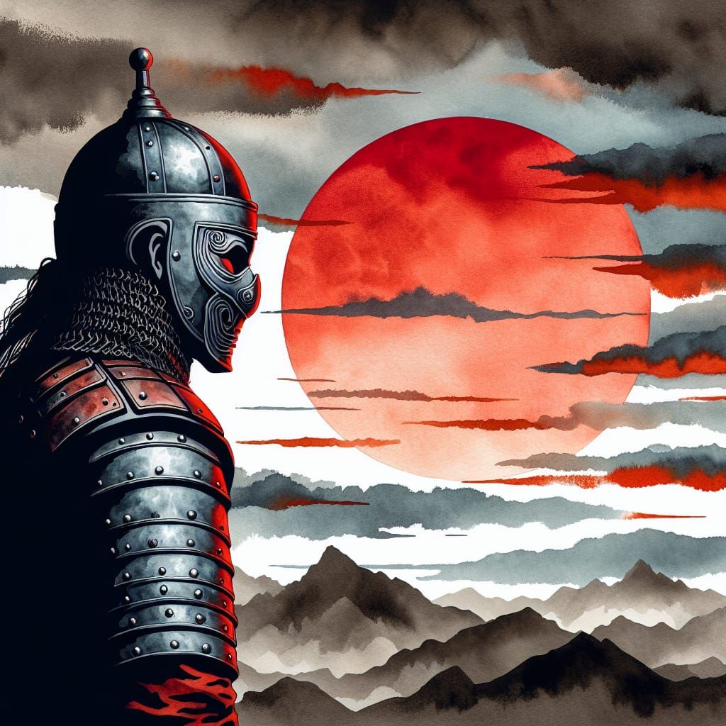 Mongolian Warrior in Sumi-e Oil Painting Style