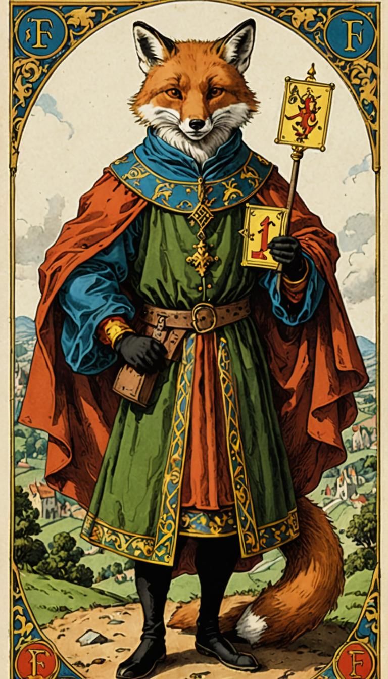 Fox as The Fool Tarot Card in Medieval Style