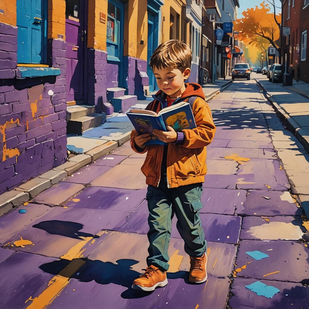 Boy Walking to School in Vibrant Street Art