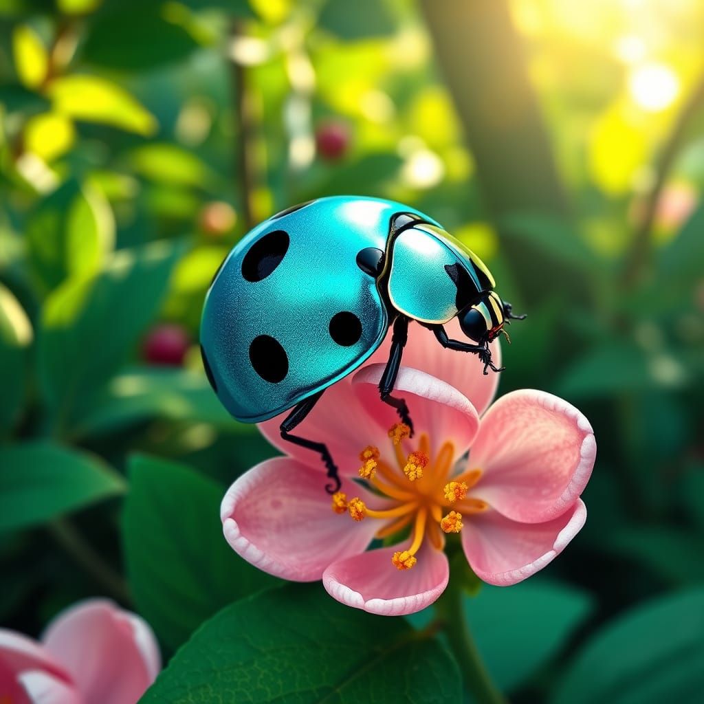 Turquoise Ladybug on Pink Flower in Art Nouveau Style