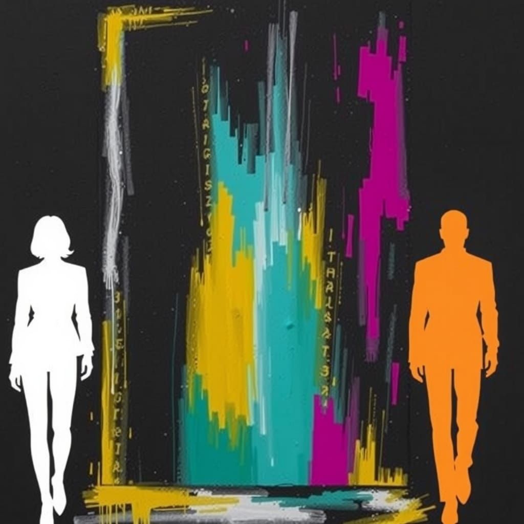 Silhouetted Figures Beside Abstract Art