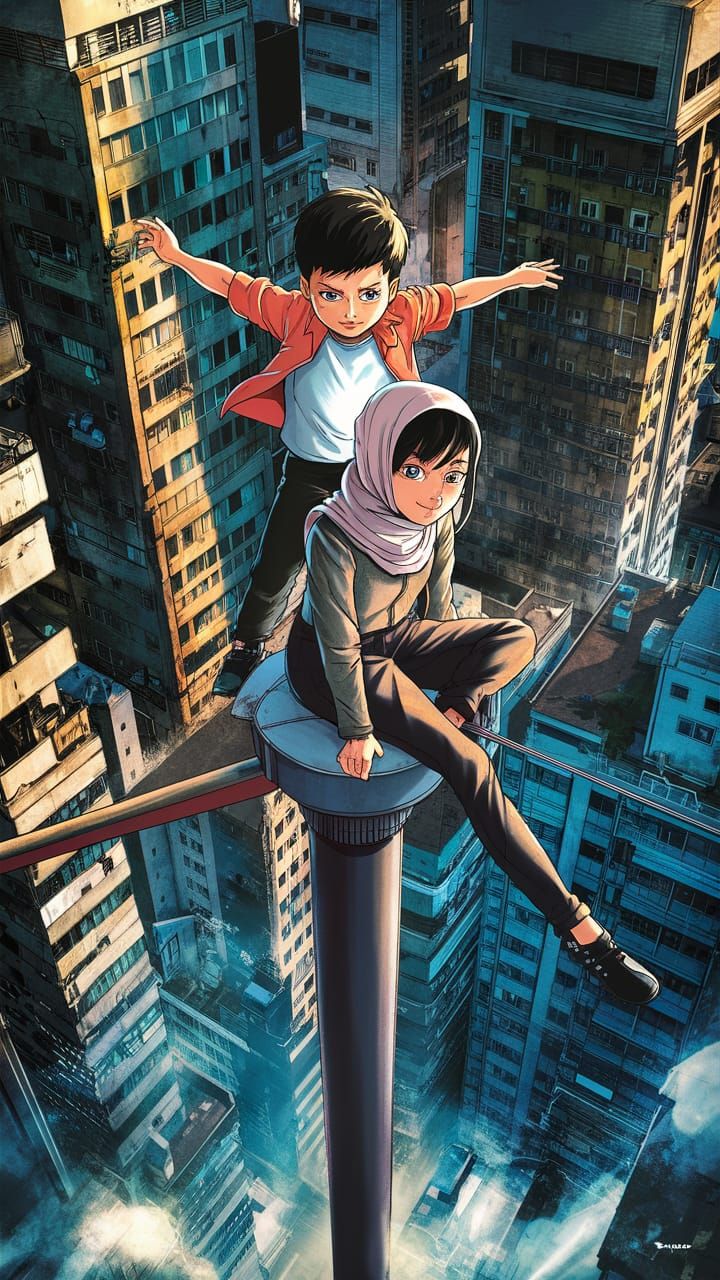 Anime Poster: Kids Defying Gravity in Cityscape