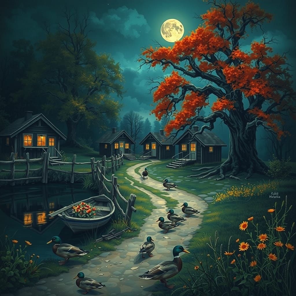 Cozy Cabin Scene Under Starry Night Sky