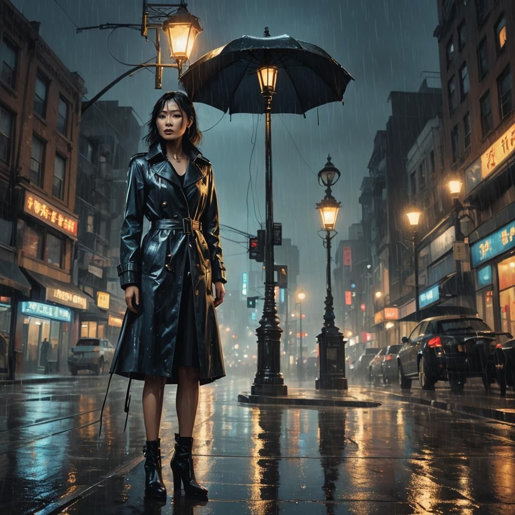 Gothic Noir: Asian Woman in Rainy Cityscape