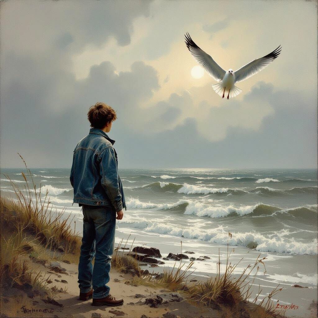 Melancholic Teenager Gazing at Seagull, Atmospheric Art