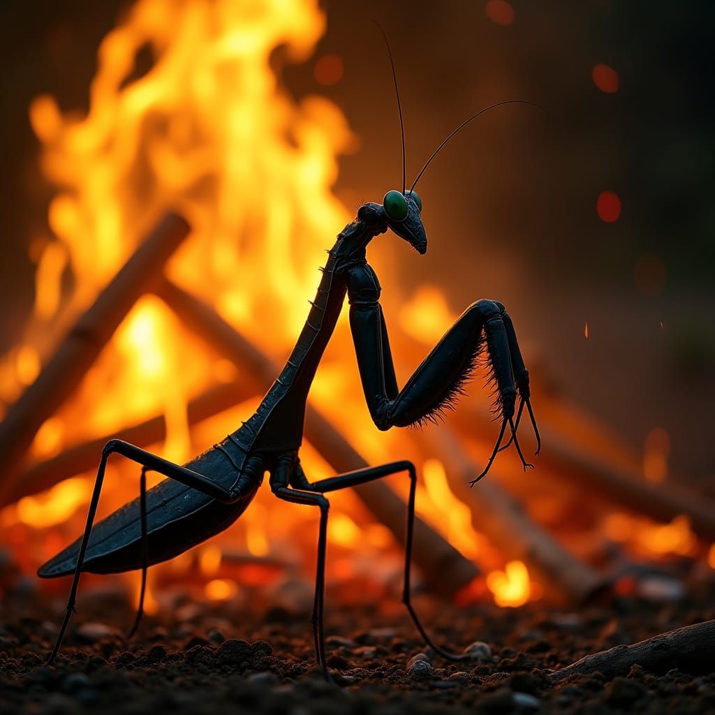 Huge Black Praying Mantis Before Fire Pyre Cinematic Photore...
