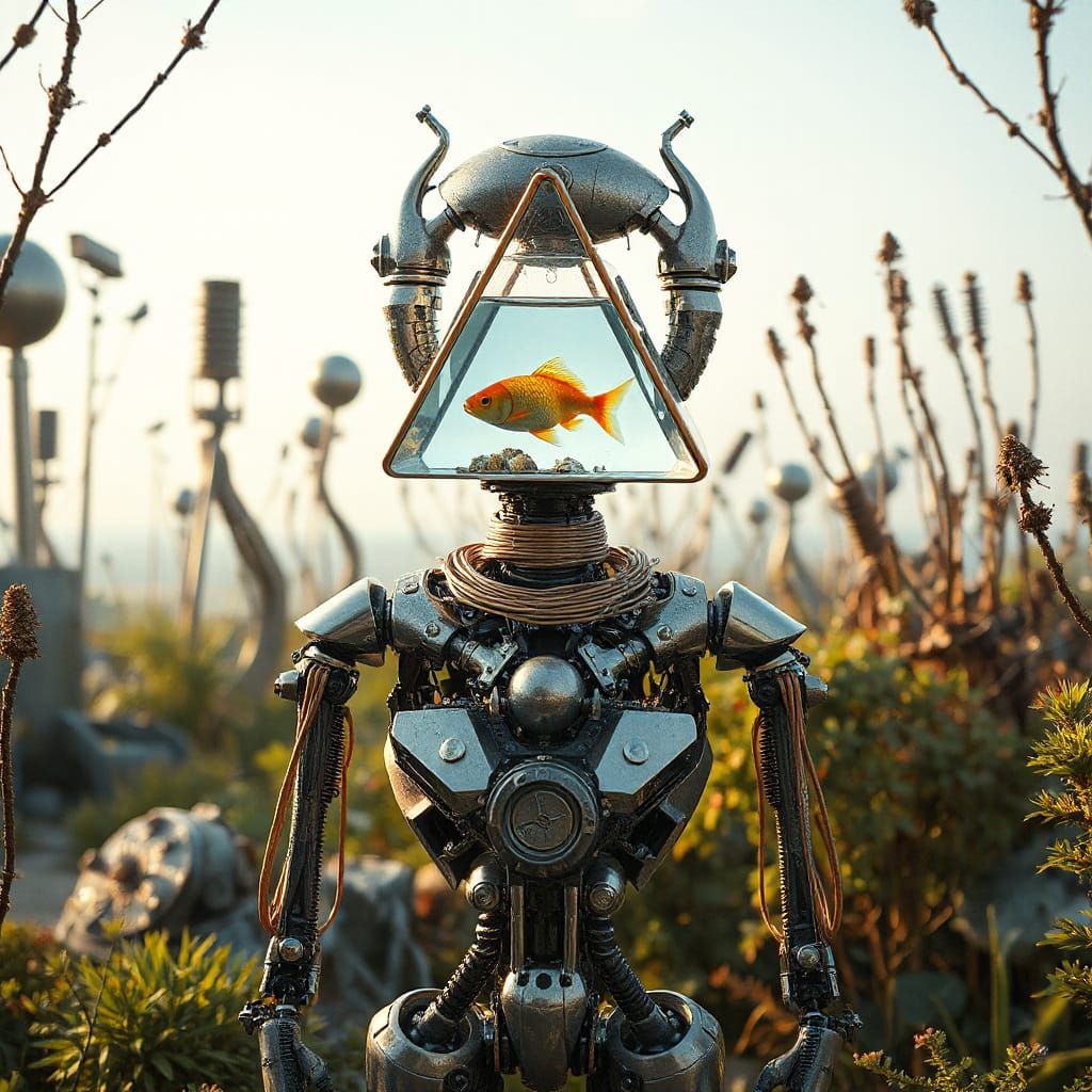Futuristic Robot with Aquatic Head in Ethereal Garden