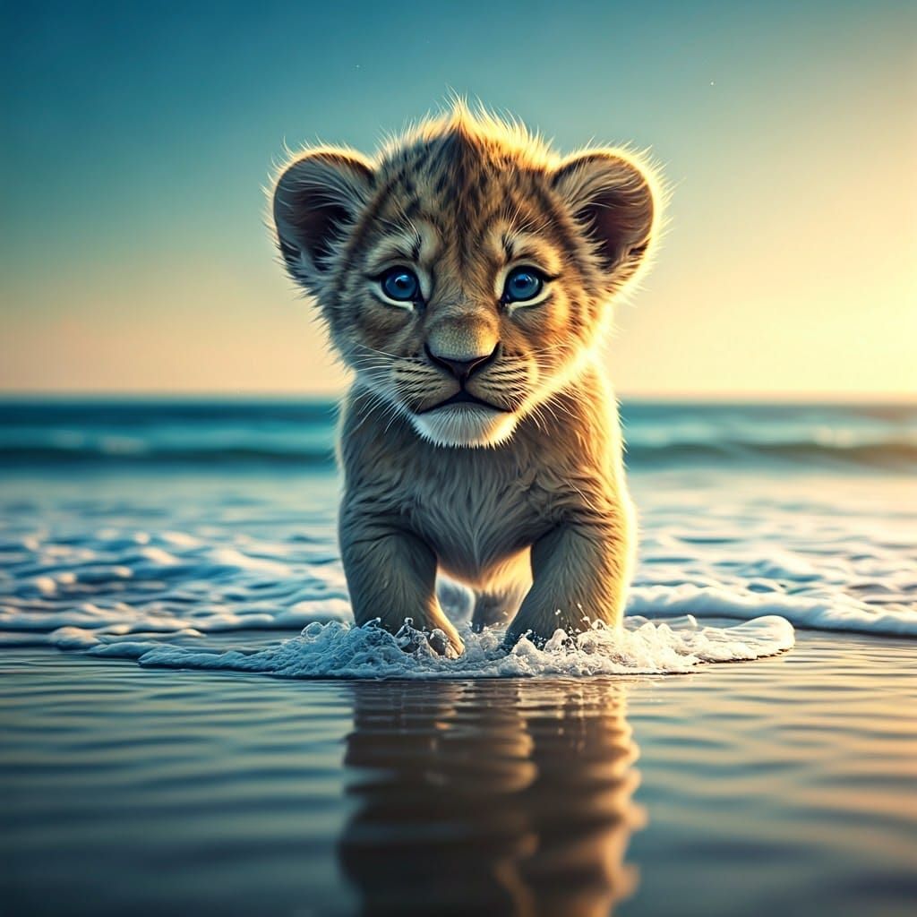 Glass Lion Cub Frolics on Sun-Kissed Beach