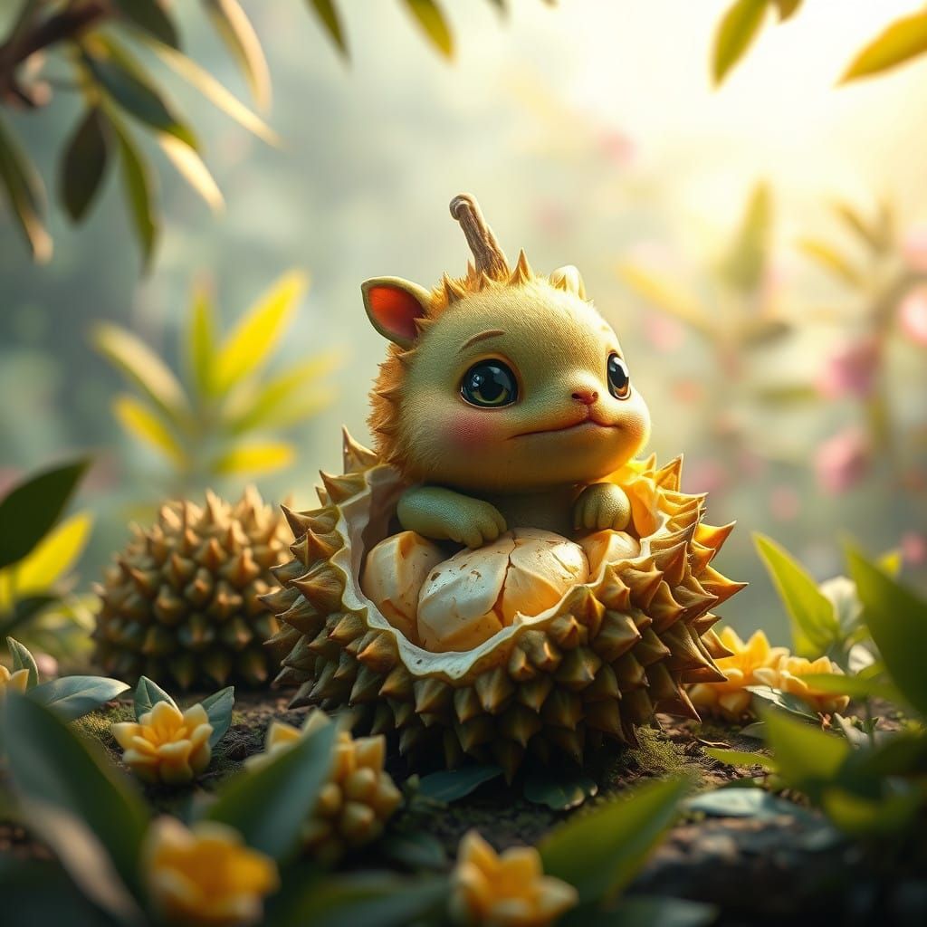 Whimsical Durian Creature in a Fantastical Environment