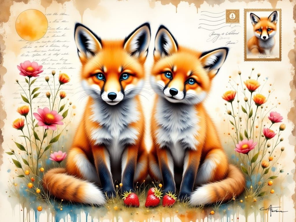 Ethereal Watercolor Fox Cubs in Postcard Style