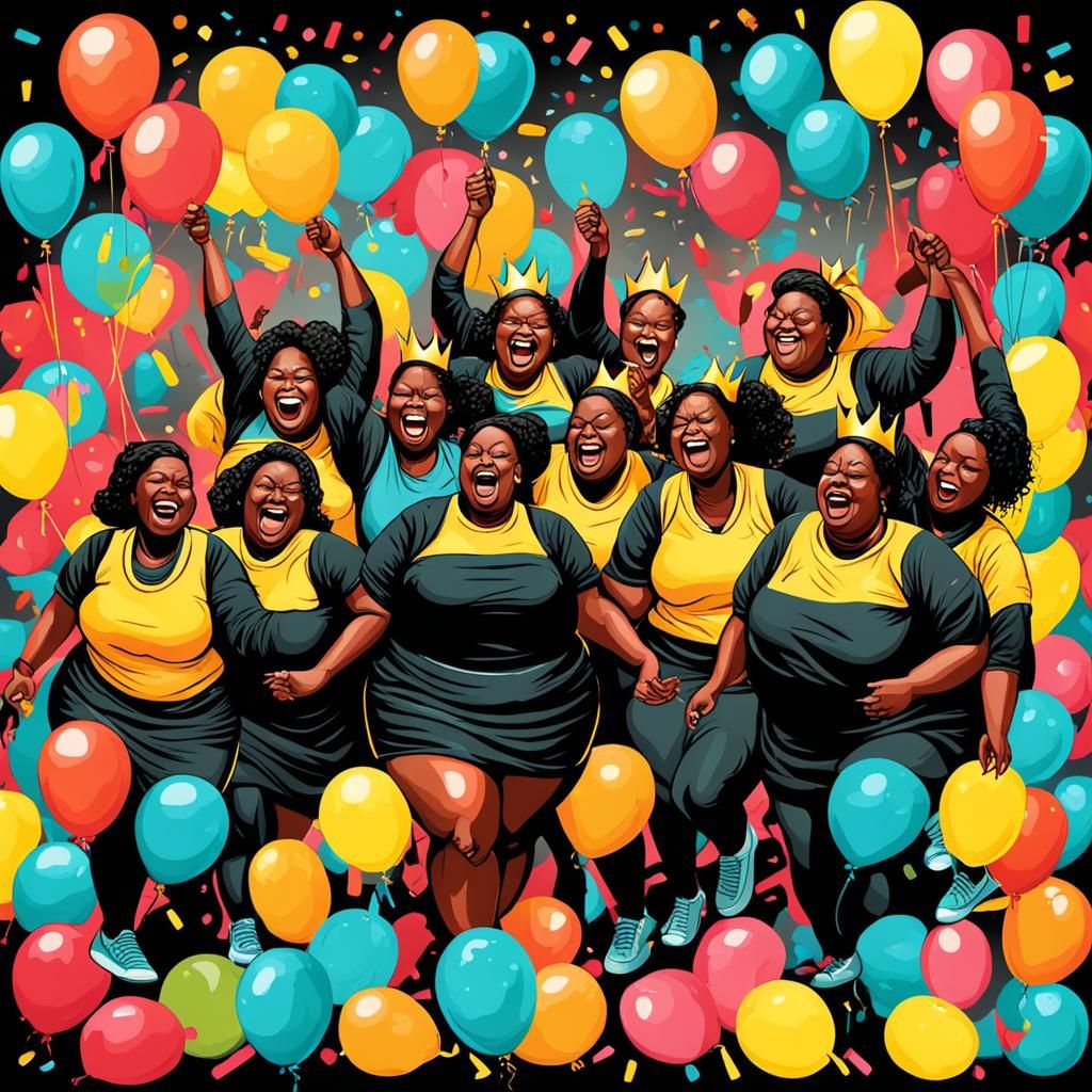 Fat Happy Schoolgirls Celebrate Birthday in Vibrant Abstract...