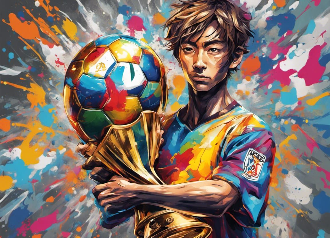 Soccer player holding the world cup trophy