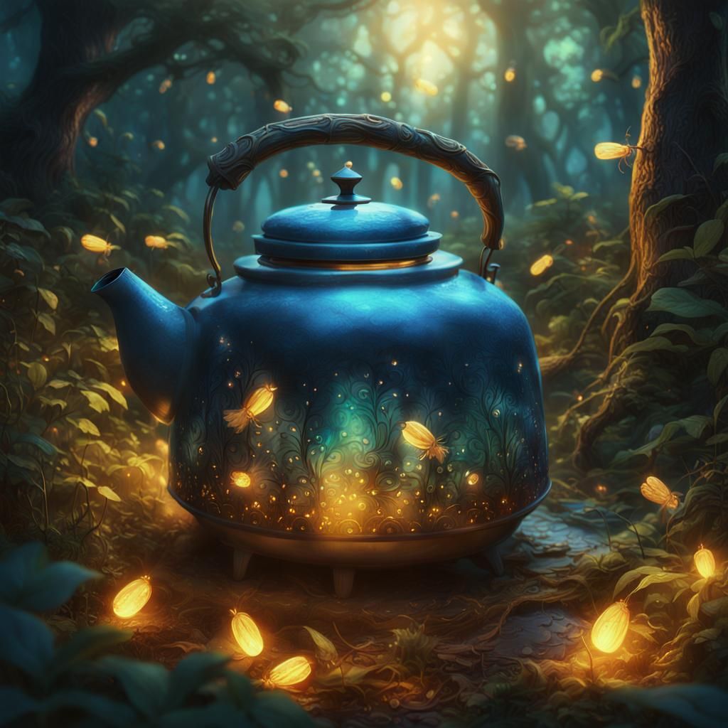 Glowing Kettle Amidst Enchanted Forest