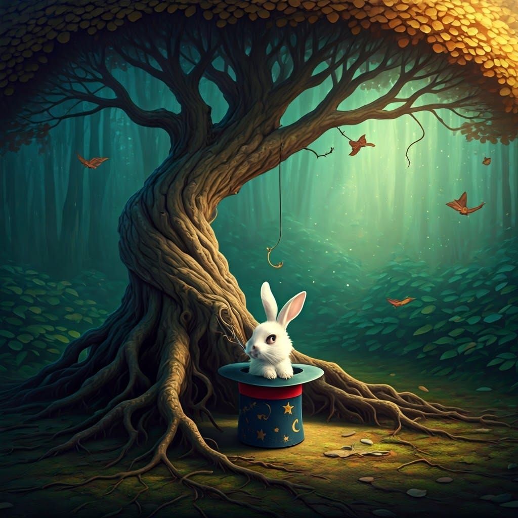 Whimsical Tree Conjures Rabbit from Velvet Hat in Dreamlike ...