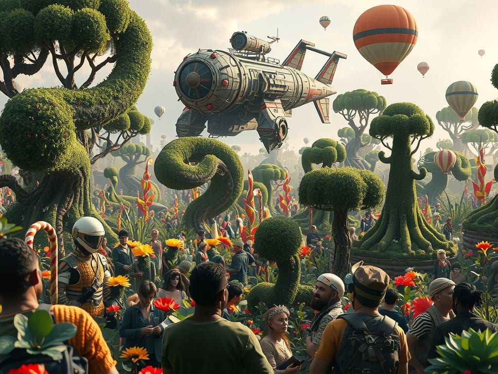 Surreal Rocket Ships in a Bosch Style Garden